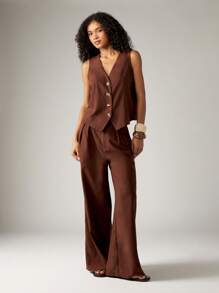 AiiRZ Linen Two Piece Outfit Summer Waistcoat Vest Metal Button Crop Top Wide Leg High Waisted Palazzo Pants Holiday Casual Beach Resort Wear