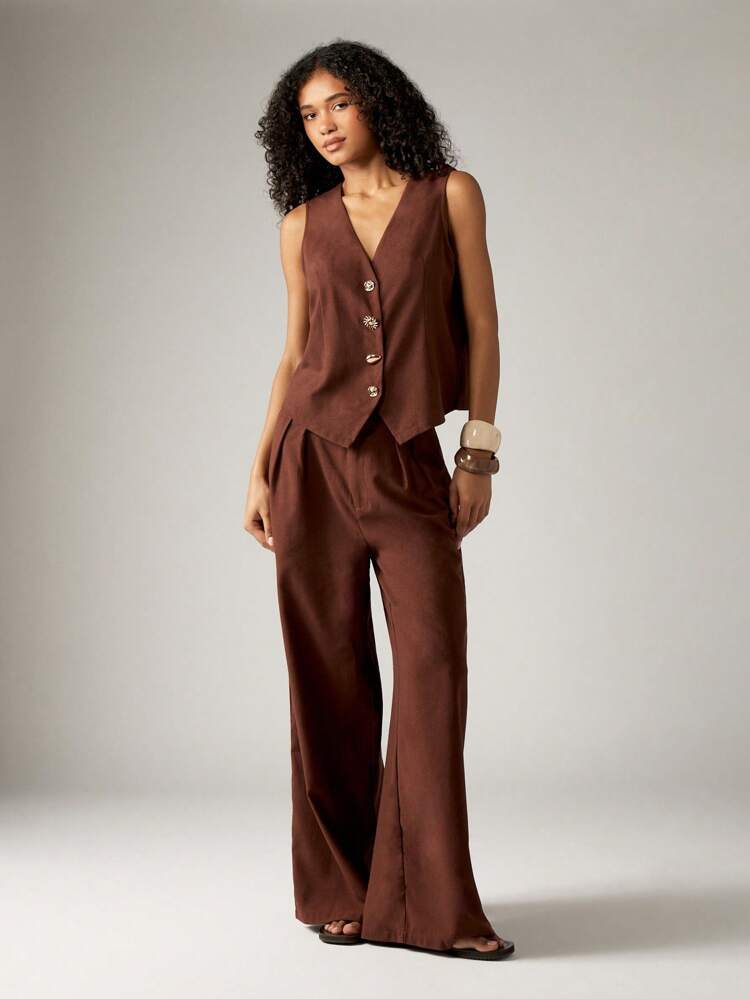 Linen Waistcoat With Metal Buttons And Wide Leg Pants