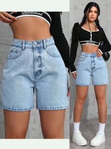 SHEIN ICON 大码女式休闲口袋牛仔短裤，适合度假穿着 - 淺色水洗藍 - 查看 1