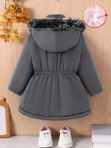 女童休闲装饰连帽束腰派克大衣，适合冬季穿着；女童冬季外套；女童带帽冬季外套；女童灰色冬季外套；女童灰色派克大衣；粉色保暖内衬冬季外套，适合秋季穿着。 - 灰色 - 查看 2