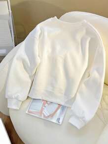 SHEIN Casual Versatile Letter Embroidered Crew Neck Long Sleeve Sweatshirt Pullover Fall - White - View 2