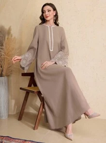 Al Najma 女士春夏圆领梭织边刺绣喇叭袖阿拉伯风格连衣裙，阿拉伯连衣裙 - 咖啡棕 - 查看 6