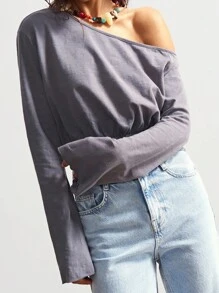 Bohemela 波西米亚风美式休闲纯色针织单肩喇叭袖女式T恤 - 灰色 - 查看 3