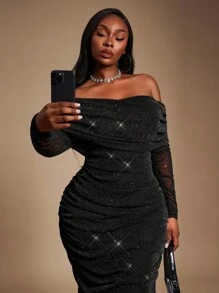 Radiana 大码女式秋冬、春夏优雅华丽迷人性感基本款亮片网眼面料露肩褶饰网眼紧身连衣裙，闪亮、闪亮、时尚，适合日常穿着派对礼服 - 黑色 - 查看 3