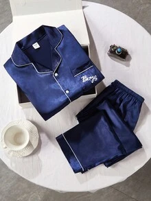 2pcs Boys' Navy Pocket Print Long Sleeve Top And Pants Pajama Set, Spring/Autumn Satain NAVY Pajamas Sets 7Y-12Y Fall Winter - Royal Blue - View 5