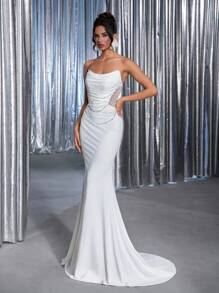 Glamrae Elegante Top Estilo Vintage Branca com Decoração de Pérolas Pregueadas, Amarração Ajustável nas Costas, Saia de Bainha de Sereia com Bordado de Pérolas Luxuoso, Adequado para Várias Ocasiões Formais como Casamentos (Bordado Pesado) - Bege - Visão 7