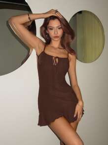 SHEIN ICON 女式纯色细肩带性感露背迷你连衣裙 - 棕色 - 查看 3