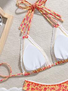 Swim Mod Women's Summer Beach New Random Print Straps Backless Two Pieces Bikini Swimsuit With Floral Edge - Multicolor - View 5