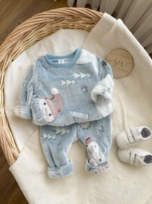 2pcs Baby Boy Christmas Snowman Pattern Ribbed Round Neck Long Sleeve Top & Flannel Pajama Pants Set, Soft & Comfortable, Suitable For Autumn/Winter - Blue and White - View 4