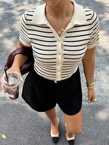 Dripcurv Women Striped Collared Cardigan Short Sleeve Jacket