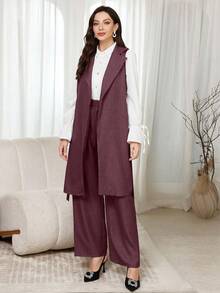 Modelyn 3 件套女士纯色前扣简约长袖衬衫、前领带无袖夹克和长裤休闲西装套装 2 件套 - 中紫紅色 - 查看 3
