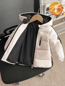 SHEIN 婴幼儿男童新款冬季连帽加厚棉服，拉链贴片标志，男婴秋冬外套，百搭款式 - 白色 - 查看 3