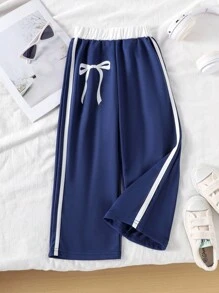 SHEIN Genkimix Kids Young Girls Cute Bow Print White Side Stripe Decor Comfortable Fashionable Casual Long Sweatpants, Autumn/Winter - Blue - View 1
