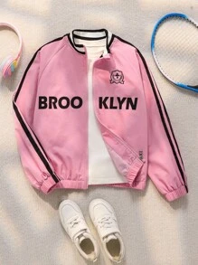 Explorewe 超大号女童休闲条纹字母印花拼色风衣外套，宽松版型，舒适百搭，适合秋季、春季、冬季、日常穿着、通勤、户外、运动、学校、街头服饰、派对、拍照