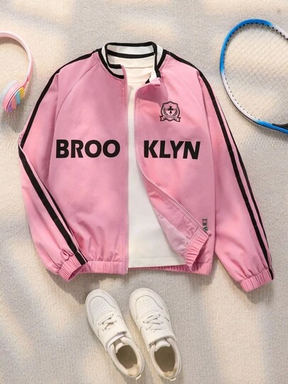Explorewe Oversized Girls' Casual Striped Letter Print Colorblock Windbreaker Jacket, Loose Fit, Comfortable, Versatile, Suitable For Autumn, Spring, Winter, Daily Wear, Commuting, Outdoor, Sports, School, Streetwear, Party, Photo Shoot Fall