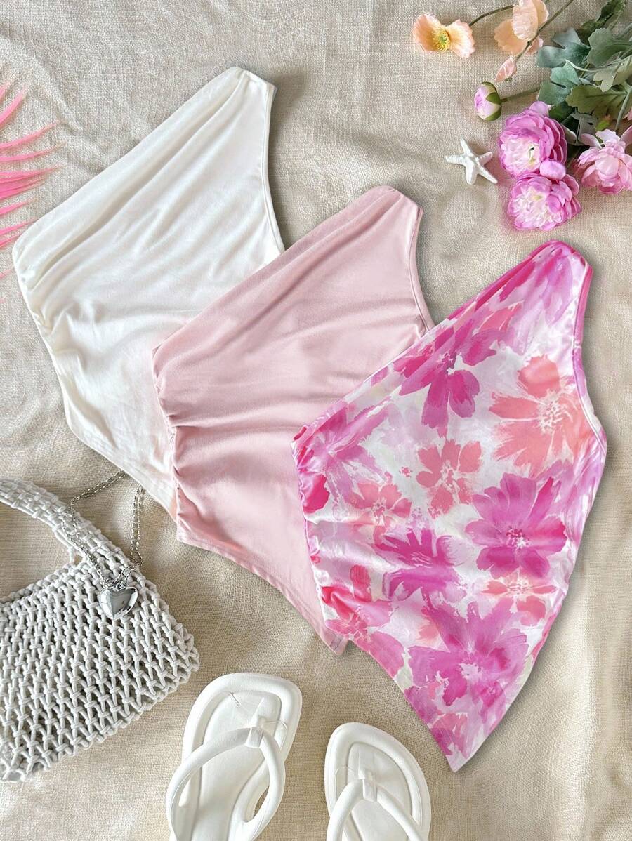 SHEIN 女童休闲舒适二合一不对称下摆短款吊带背心套装 - 彩色 - 查看 1