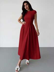 Firerie 女士优雅日常时尚新款度假喇叭腰 A 字中长连衣裙，黄色 - 酒紅色 - 查看 2