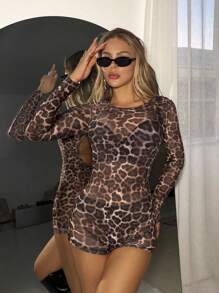 SHEIN ICON Bộ đồ liền thân lưới họa tiết da báo cổ điển gợi cảm, bộ đồ liền thân bó sát tay dài cho nữ - Nhiều màu - Xem 1