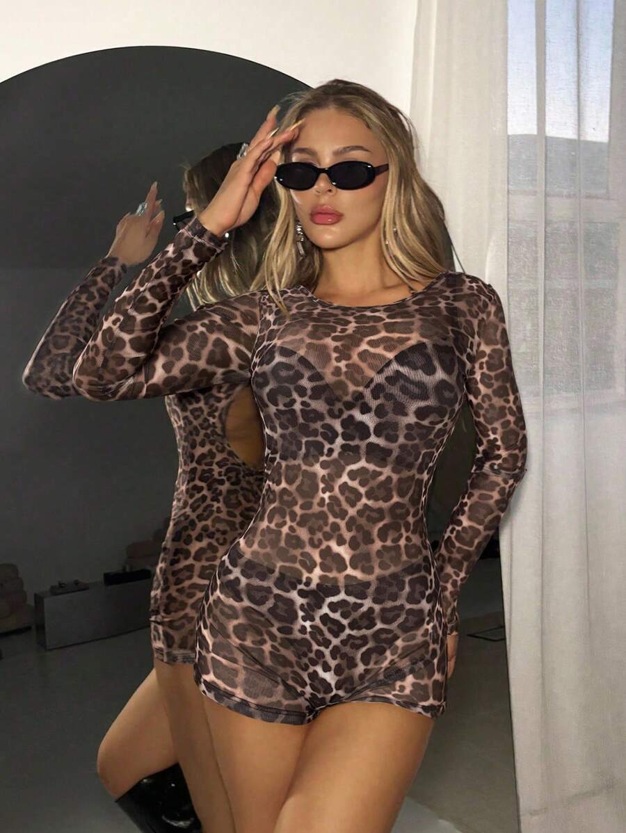 SHEIN ICON Bộ đồ liền thân lưới họa tiết da báo cổ điển gợi cảm, bộ đồ liền thân bó sát tay dài cho nữ - Nhiều màu - Xem 1