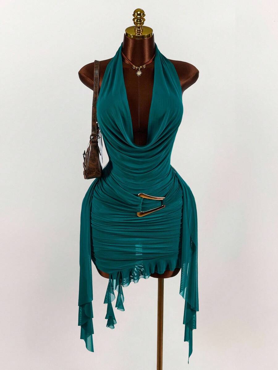 Amplova Fitted Sleeveless Mesh Mini Dress In Green With Ruched Design And Halter Neckline,Party Dress - Green - View 1