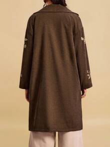 Travachic Áo khoác dài cổ màu nâu in hoa cỡ lớn cho nữ, áo khoác nhung kẻ có túi, trang phục thường ngày cho buổi hòa nhạc đồng quê, nhà thờ, tiệc tùng mùa thu đông, áo khoác cài nút màu nâu cho buổi ra ngoài - Màu nâu  Mocha - Xem 3