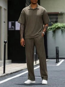 Manfinity Homme 男士纯色卡其色 Polo 衫，面料舒适，款式基本，男士夏季两件套，Old Money - 卡其色 - 查看 3