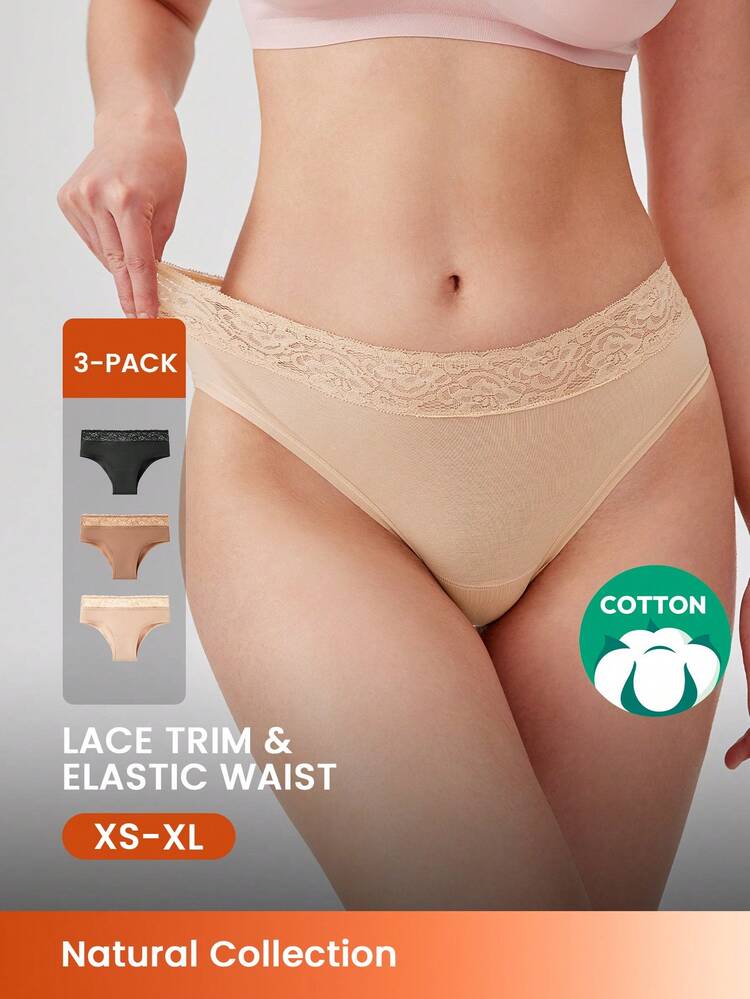 3-Pack Lace Trim Airy Cotton Basic Lingerie Mid-Waist Cheeky Women Underwear Panties Set-Earthy Tones