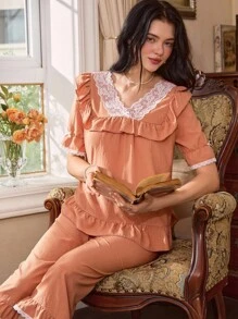 French Elegant Lace Patchwork Romantic Women Pajama Set - Orange - View 1