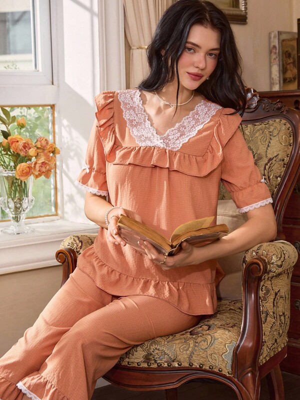 Côtesoire French Elegant Lace Patchwork Romantic Women Pajama Set