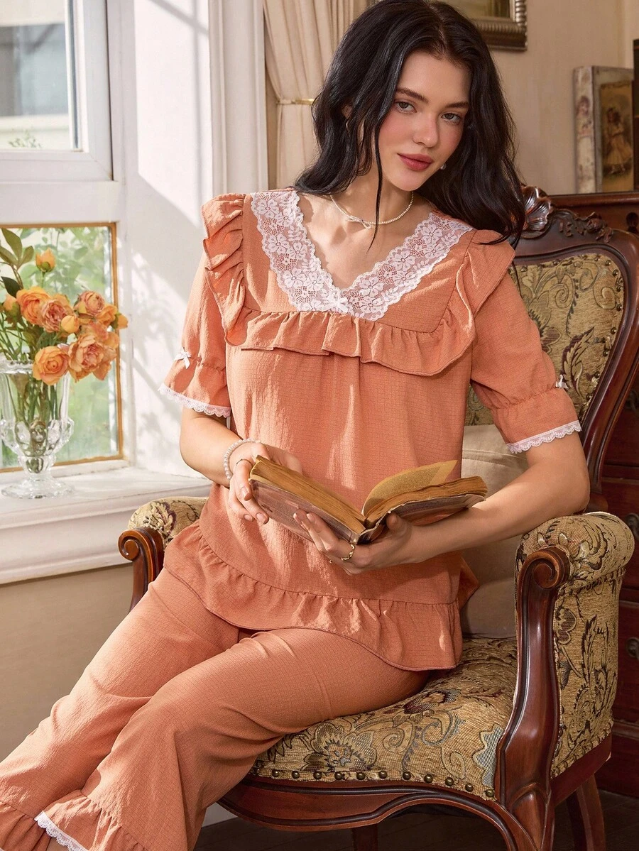 French Elegant Lace Patchwork Romantic Women Pajama Set - Orange - View 1