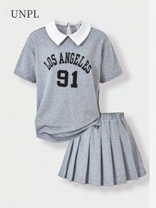 SHEIN Explorewe 2 件套青少年女孩学院风 Polo 领 T 恤和百褶裙套装，夏季新款时尚服装