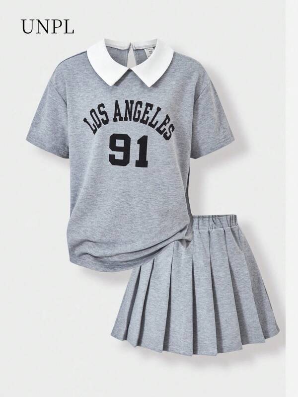 SHEIN Explorewe 2pcs/Set Tween Girls College Style Polo Collar T-Shirt And Pleated Skirt Set, Summer New Fashion Outfit
