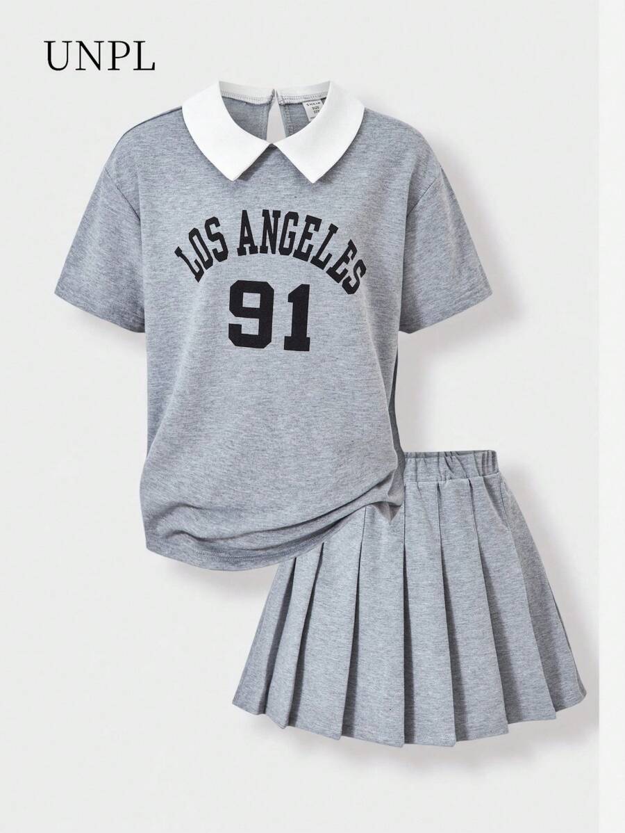 SHEIN Explorewe 2 件套青少年女孩学院风 Polo 领 T 恤和百褶裙套装，夏季新款时尚服装