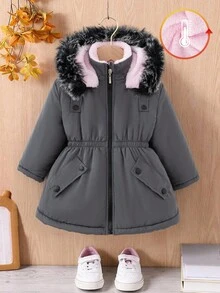 女童休闲装饰连帽束腰派克大衣，适合冬季穿着；女童冬季外套；女童带帽冬季外套；女童灰色冬季外套；女童灰色派克大衣；粉色保暖内衬冬季外套，适合秋季穿着。 - 灰色 - 查看 3