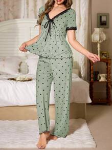 CottageSlumber 2pcs Polka Dot Print Contrast Color Lace Bow V-Neck Short Sleeve Pajama Set For Women Women Pajama Set Polka Dot Pajama Set Sage Green Pajama Set Lingerie Pajama Set