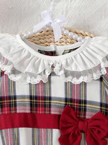 SHEIN 女婴优雅格子彼得潘领连体衣，秋季格子婴儿连体衣红色格子婴儿套装 - 彩色 - 查看 4