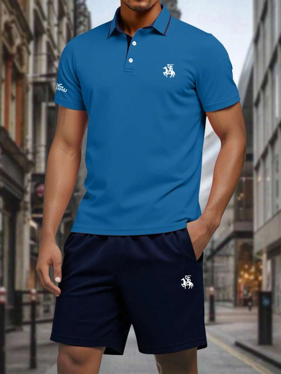 Manfinity Homme 男士刺绣纽扣 Polo 衫和口袋短裤休闲两件套(L 码不对称款) - 藍色 - 查看 1