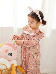 Baby Girl Vintage Floral Pattern Lace Trim Flounce Long Sleeve Cute Loose Casual Woven Home Nightdress - Pink - View 3