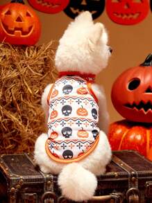 PETSIN 1pc Pet Cat & Dog Sleeveless Vest With Pumpkin & Skull Isle Print, Breathable & Lightweight, Apricot - Multicolor - View 1