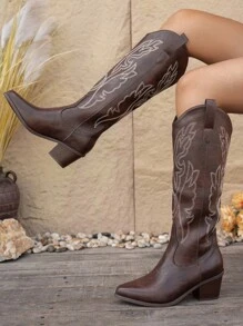 Styleloop Giày bốt cao đến đầu gối thêu họa tiết cổ điển dành cho nữ, thời trang cho lễ Halloween, Giáng sinh và tiệc tùng - Cà phê nâu - Xem 3