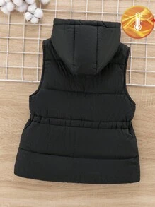 SHEIN 青少年女孩休闲百搭绗缝加厚连帽束腰加厚背心，秋冬秋季 - 黑色 - 查看 2