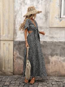 Brillora 女式编织豹纹腰部镂空短袖修身连衣裙 - 黑與白 - 查看 6