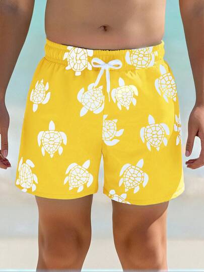 Badkläder för tonåringar, söta strandshorts med havssköldpaddsmönster och dragsko i midjan, badbyxor för tonåringar, badbyxor med sköldpaddsmönster, gula badbyxor