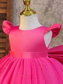 SHEIN Glamorique Kids 圣诞节/万圣节派对穿公主裙，适合女孩，白色缎面盖袖，荷叶边珍珠网眼裙，可拆卸缎面蝴蝶结后背，适合生日、婚礼、舞台表演、派对、正式场合 - 玫紅色 - 查看 5