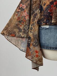 Flirla 加大码女式腰果花卉印花撞色蕾丝 V 领喇叭袖时尚衬衫 - 彩色 - 查看 4