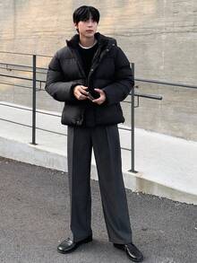 DAZY 男式纯黑色连帽加厚冬季夹克 - 黑色 - 查看 10