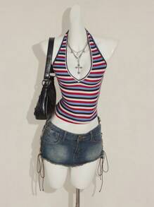 SHEIN ICON Sexy Deep V-Neck Rainbow Striped Tight Camisole - Multicolor - View 5