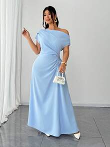 SHEIN PETITE CURVE Đầm thanh lịch thiết kế nhún eo cỡ lớn, vai chéo - Màu xanh lam - Xem 4