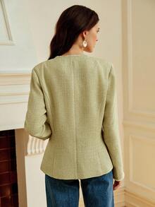 Penseblé Elegant Sage Green Autumn Tweed Long Sleeve Jacket For Women,Faux Pearl Buttons Square Collar Fall Cloth,Suitable For Tea Party,Banquet & Wedding - Green - View 2