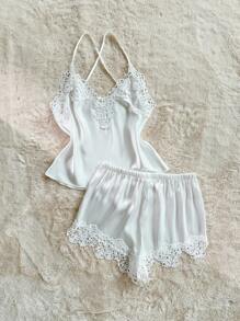 SilkySpell Lace Trim V-Neck Backless Silk-Like Women's Camisole & Shorts Pajama Set Lace Pajama Set Lace Sleep Set Bridal Pj Set Lingerie Sleep Set - White - View 3